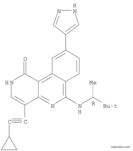 Molecular Structure of 1058128-72-5 (Benzo[c][1,6]naphthyridin-1(2H)-one, 4-(2-cyclopropylethynyl)-9-(1H-pyrazol-4-yl)-6-[[(1R)-1,2,2-trimethylpropyl]amino]-)